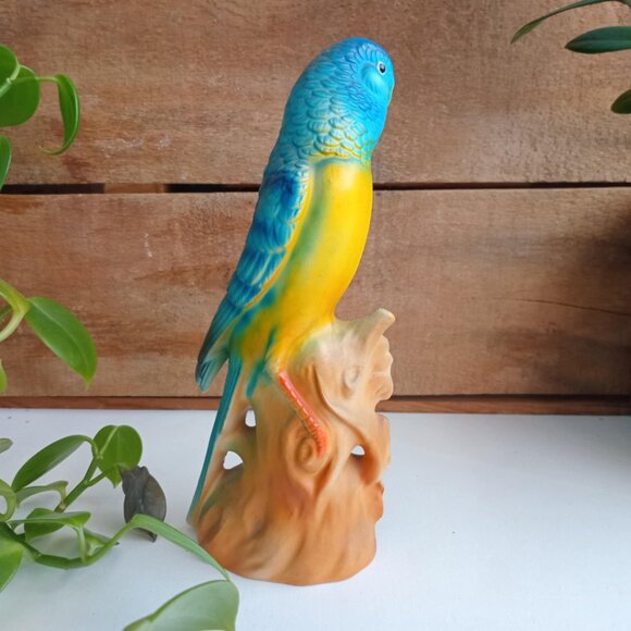 Parakeet Budgie Bird Figurine, Vintage Japan, Painted Ceramic Blue Yellow - Picture 5 of 9